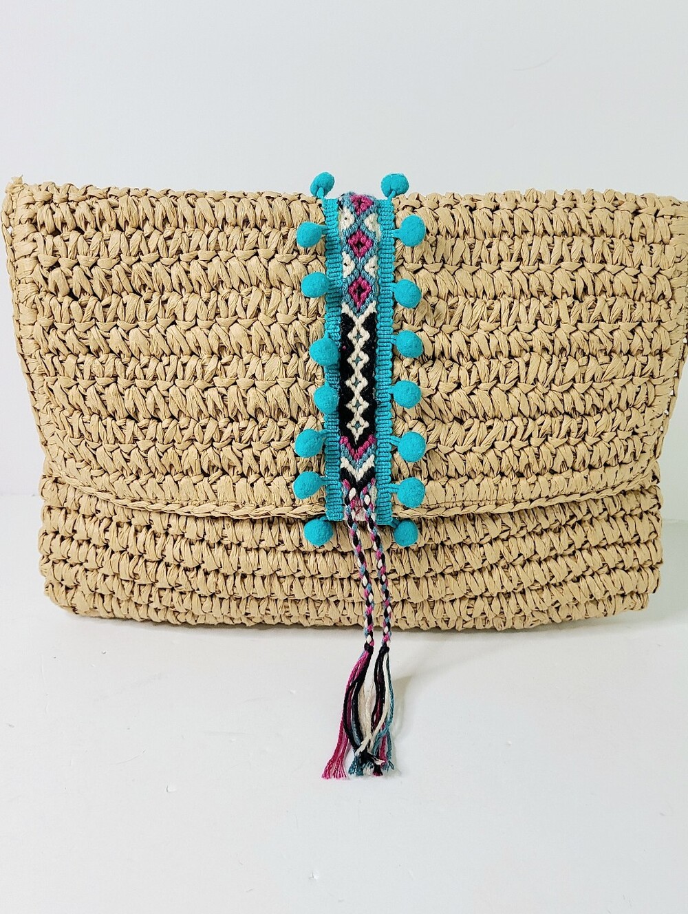 Fallon & Royce Teal Pom-Pom Straw Clutch Bag